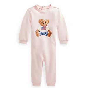 Ralph Lauren Baby Girl Pink Polo Teddy Bear Cotton Fleece Coverall Romper 9 Mo